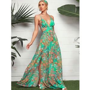Tropical Print Maxi Dress Green Cut Out Open Back